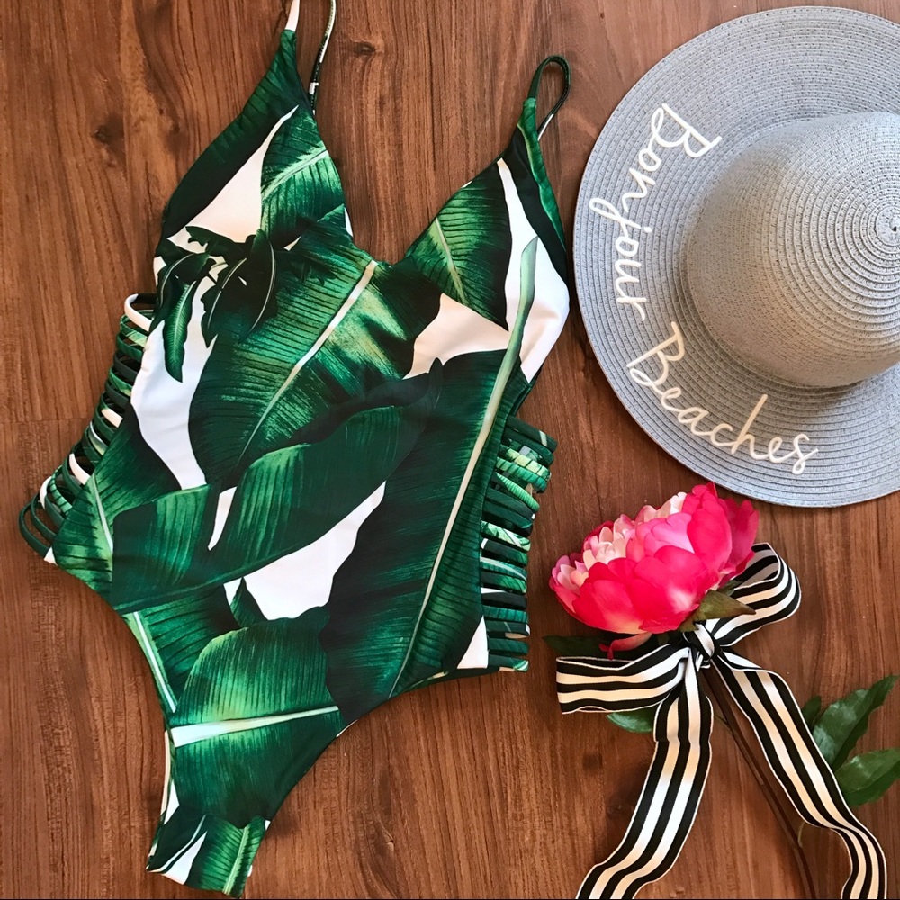 Palm Leaf One Piece Bathing Suit Swimsuit - Picture 3 of 8